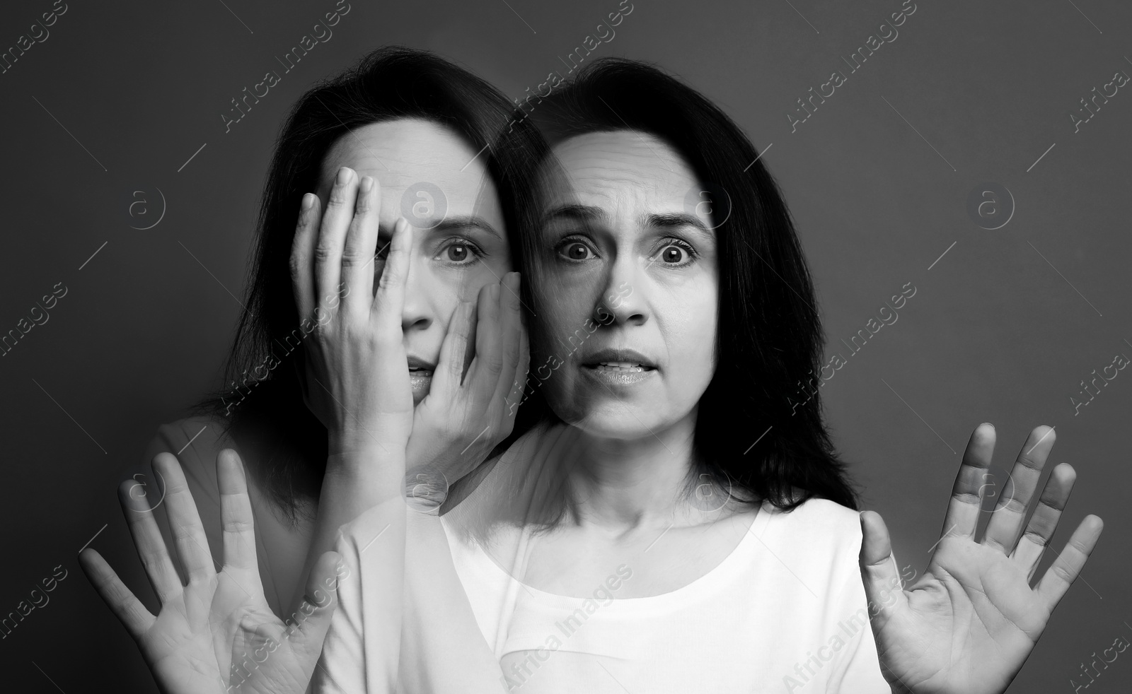 Image of Suffering from hallucinations. Double exposure with photos of woman on dark background, black and white effect