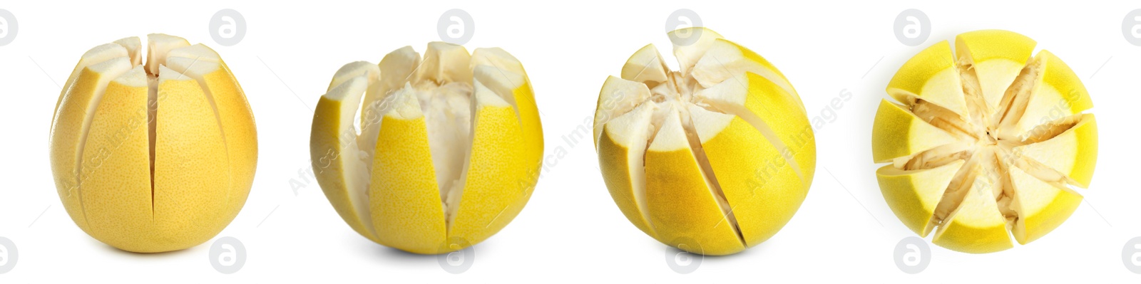 Image of Set of cut pomelo fruits on white background