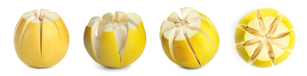 Set of cut pomelo fruits on white background