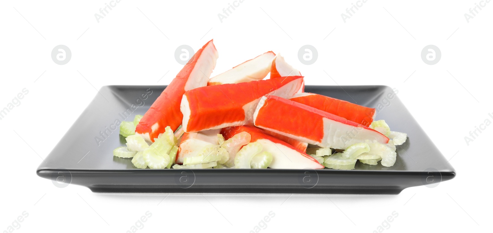 Photo of Fresh crab sticks with celery on white background
