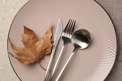 Photo of Stylish table setting with cutlery and dry leaf on light surface, top view