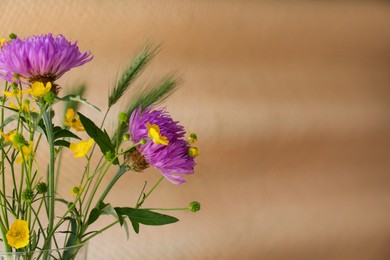 Bouquet of beautiful wildflowers on beige background, closeup. Space for text
