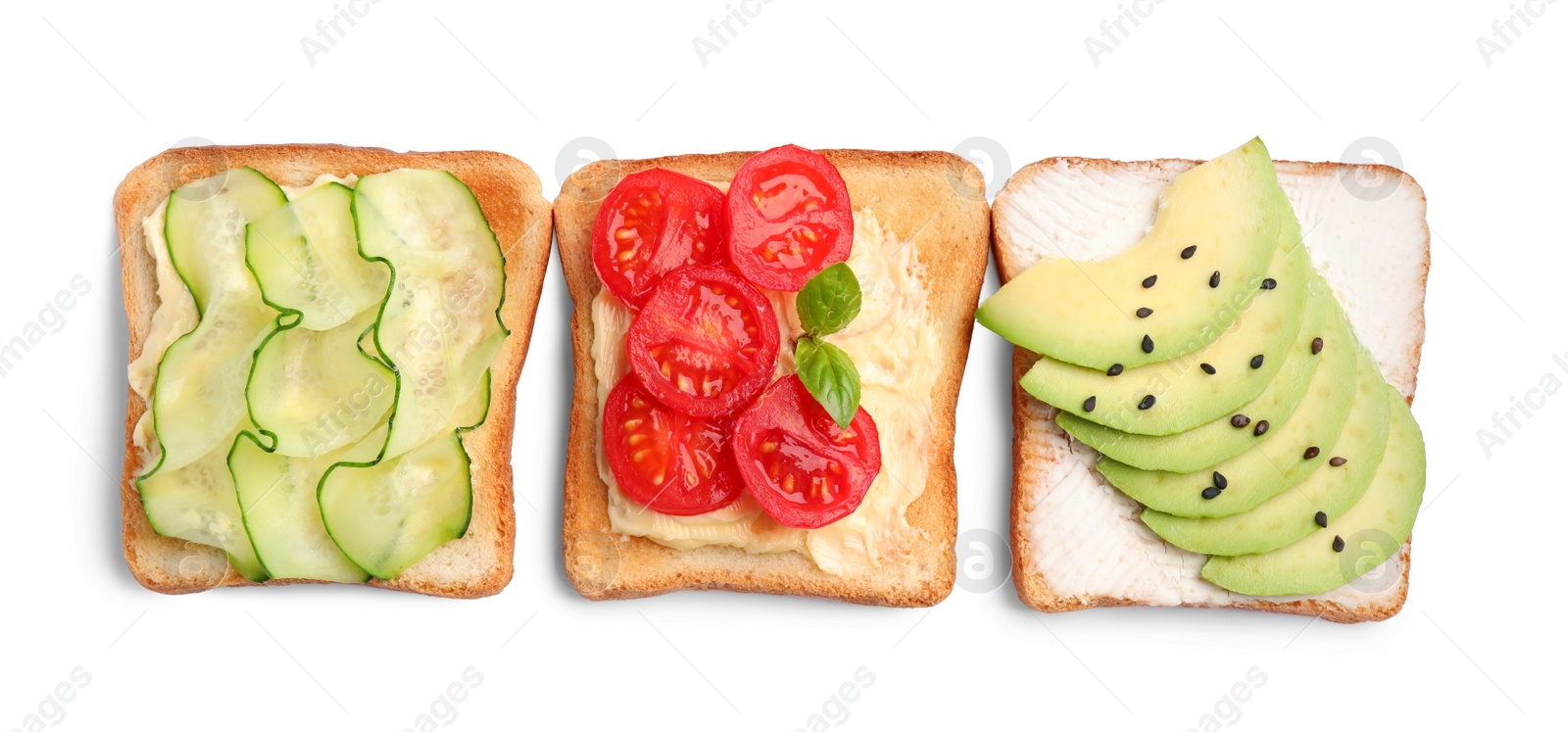 Photo of Different delicious toasts isolated on white, top view