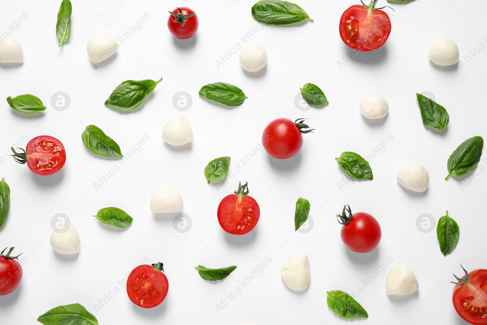 Photo of Flat lay composition with fresh ingredients for pizza on white background