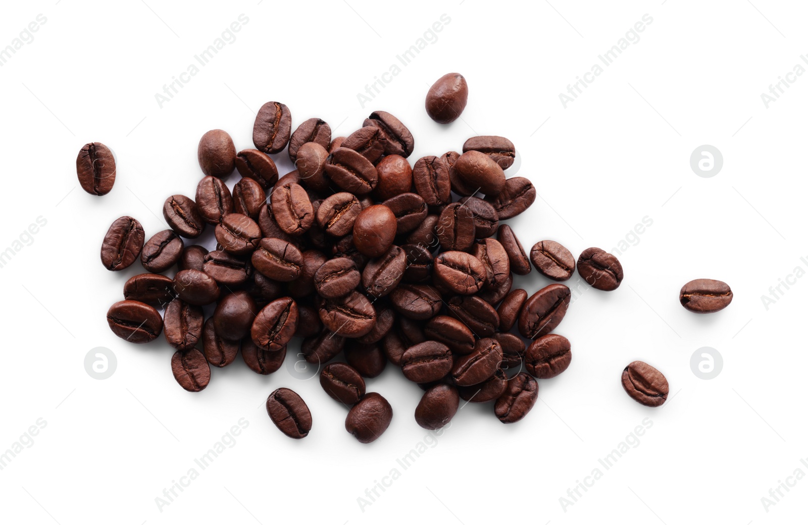 Photo of Pile of roasted coffee beans isolated on white, top view