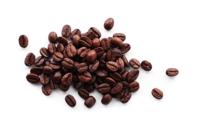 Pile of roasted coffee beans isolated on white, top view