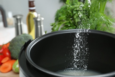 Pouring salt into multi cooker with water, closeup