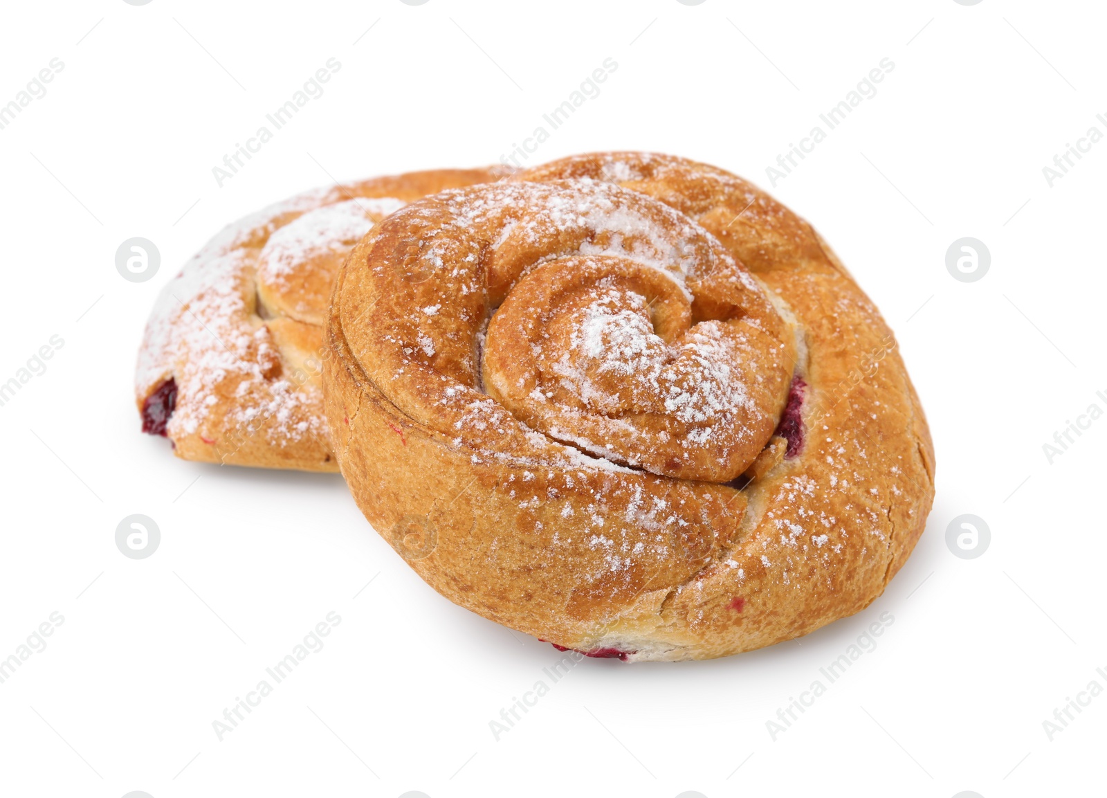 Photo of Delicious rolls with jam and powdered sugar isolated on white. Sweet buns