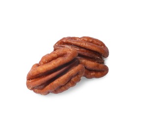 Photo of Tasty pecan nuts isolated on white, top view