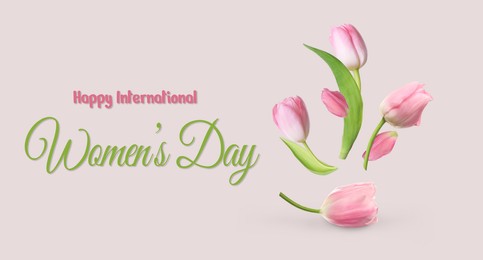 Image of Happy International Women's Day greeting card design with beautiful flowers on beige background