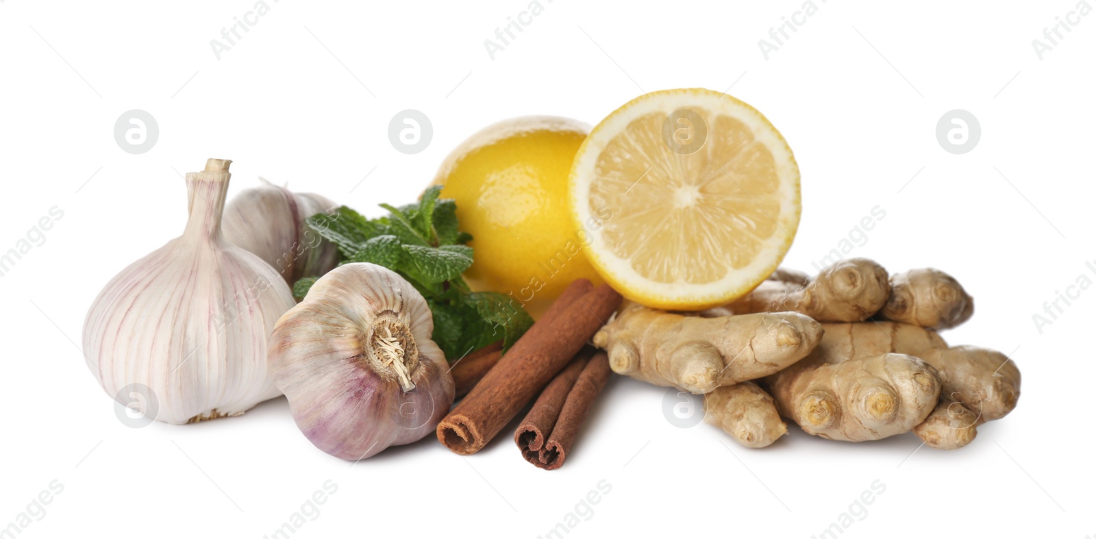 Photo of Composition with different natural antibiotics on white background