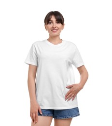 Smiling woman in stylish t-shirt on white background