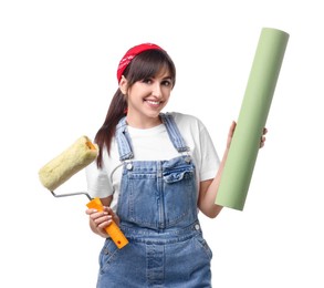 Photo of Beautiful woman with wallpaper roll and roller on white background