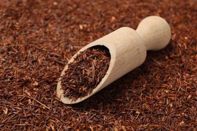 Photo of Rooibos tea and wooden scoop, closeup view