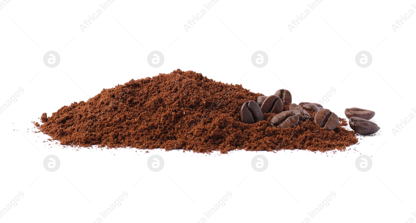 Photo of Heap of ground coffee and beans on white background