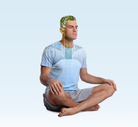 Image of Man meditating on light blue background, double exposure with hanging bridge in forest. State of mindfulness