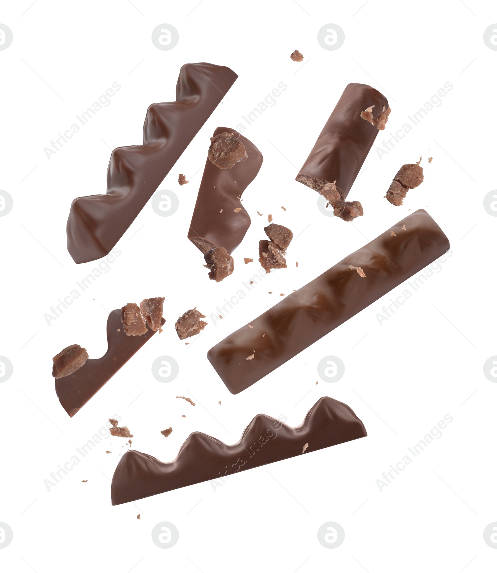 Image of Tasty chocolate bars falling on white background