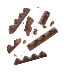 Image of Tasty chocolate bars falling on white background