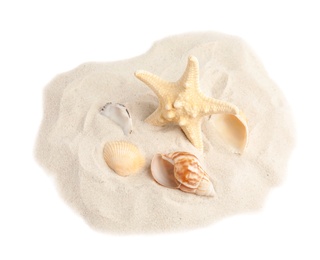 Pile of beach sand with beautiful starfish and sea shells on white background, top view