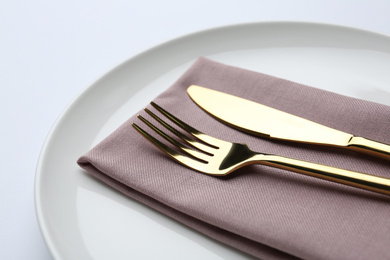 Stylish elegant cutlery with napkin in plate on white background, closeup