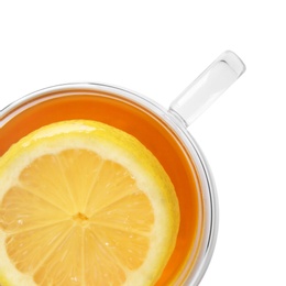 Photo of Glass cup with hot tea and lemon on white background, top view. Space for text