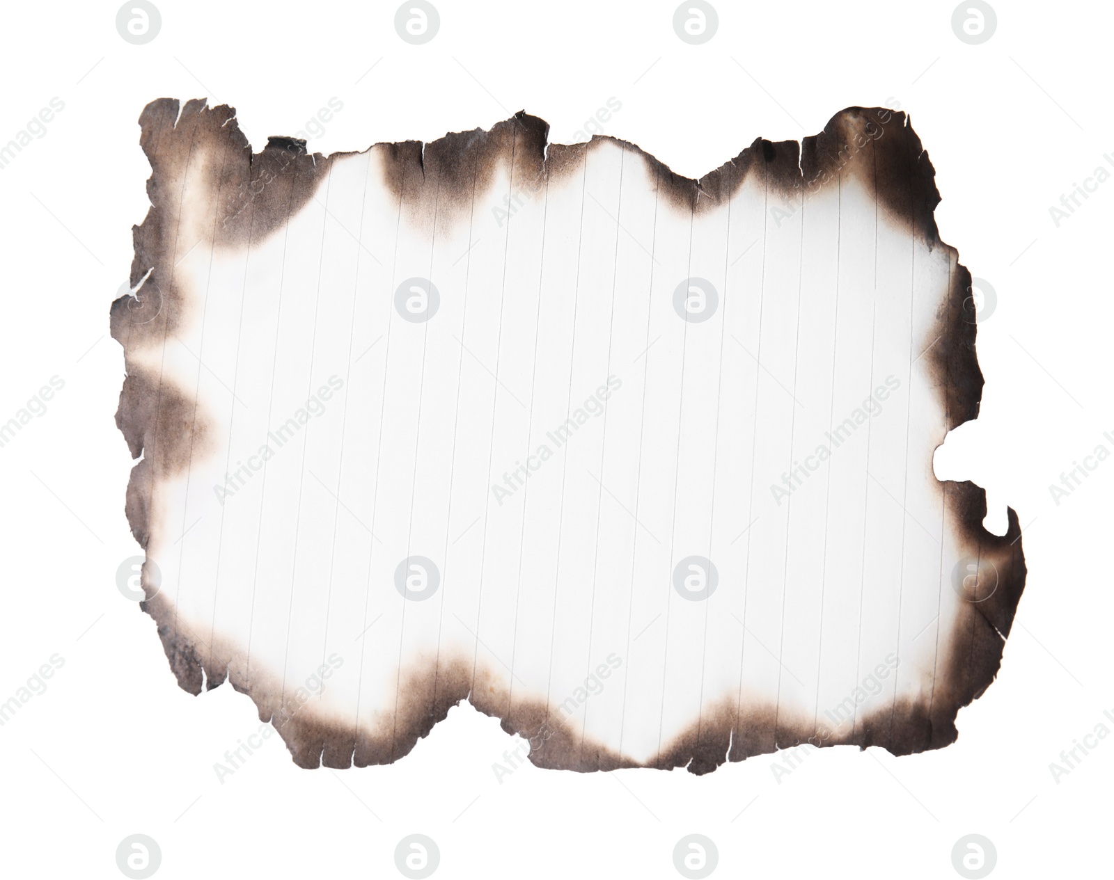 Photo of Piece of notebook paper with dark burnt borders on white background, top view. Space for text