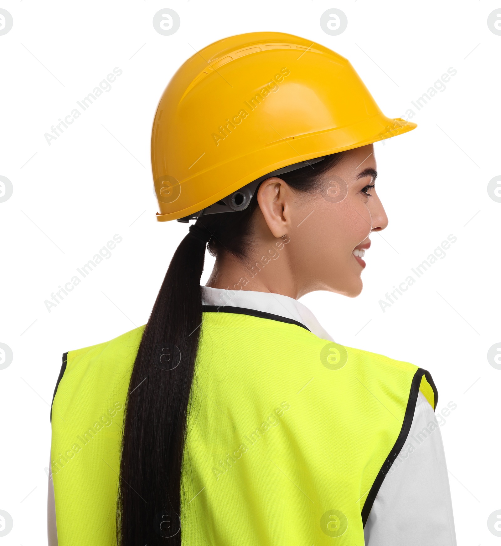 Photo of Engineer in hard hat on white background