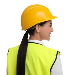 Photo of Engineer in hard hat on white background