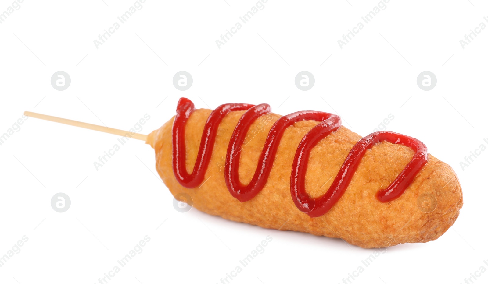Photo of Delicious deep fried corn dog with ketchup isolated on white