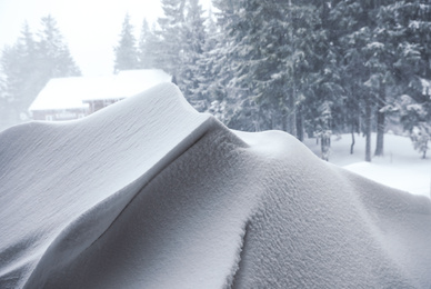 Photo of Beautiful snowdrift outdoors, closeup view/ Winter season