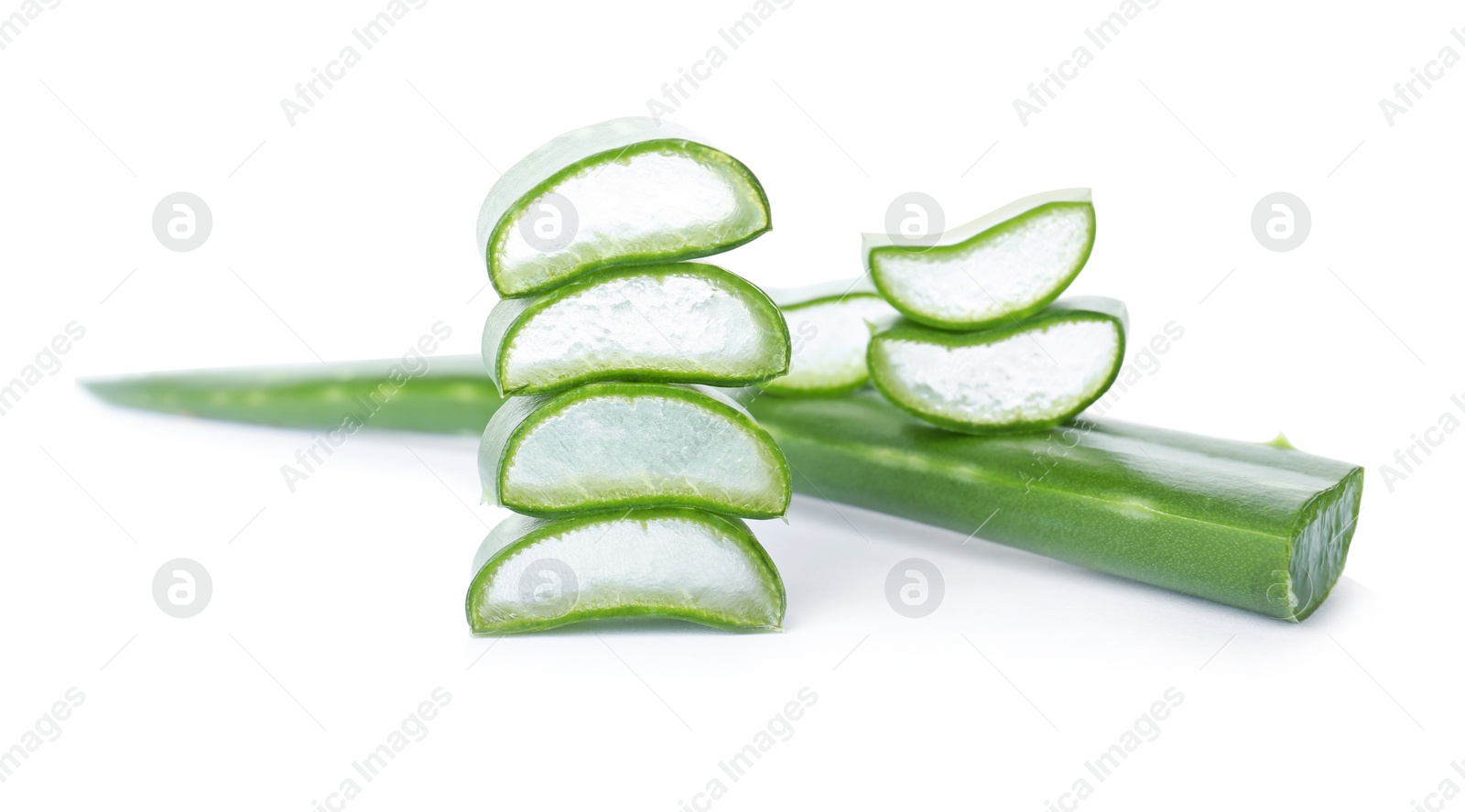 Photo of Fresh aloe vera leaf slices on white background