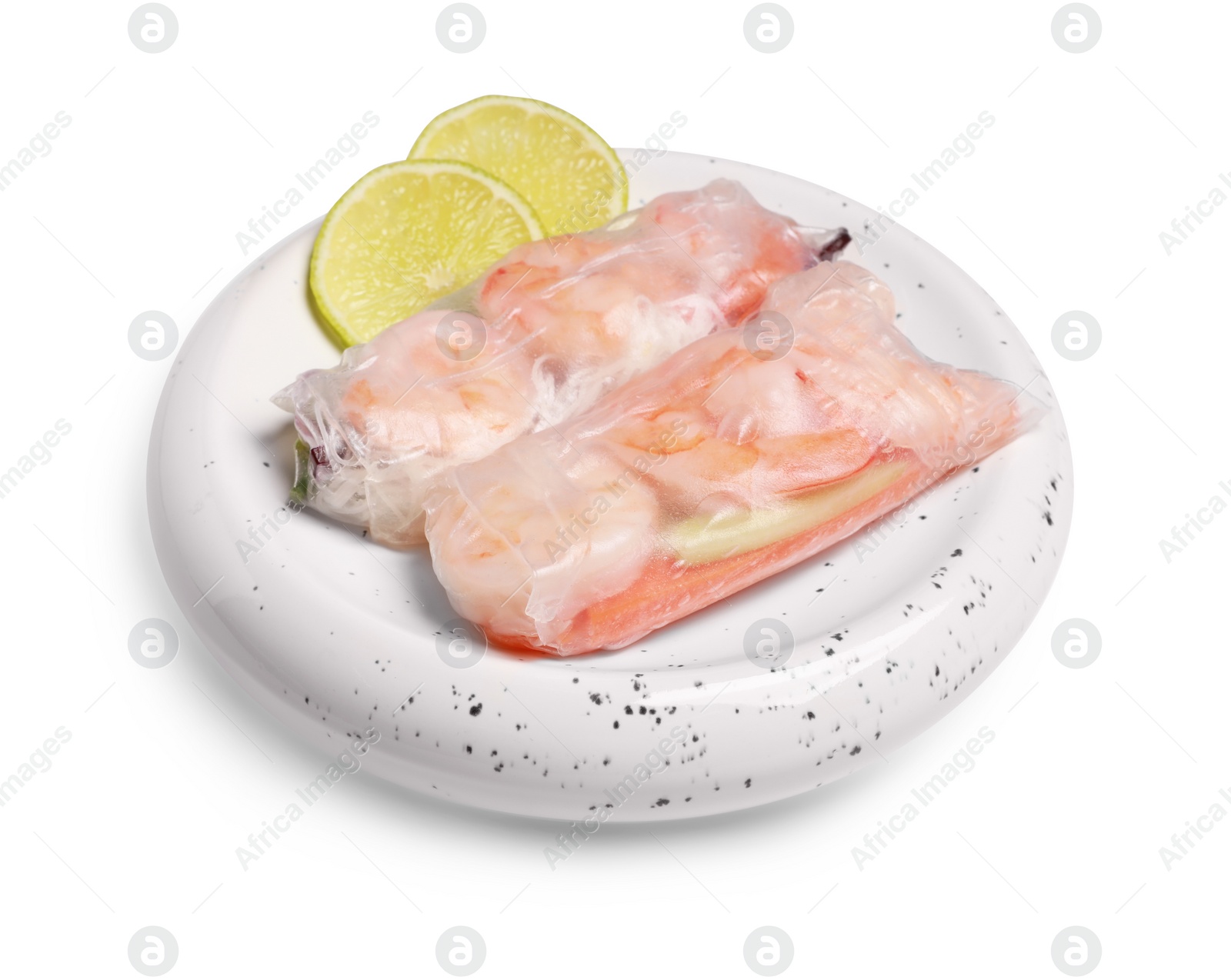 Photo of Delicious spring rolls with shrimps wrapped in rice paper on white background