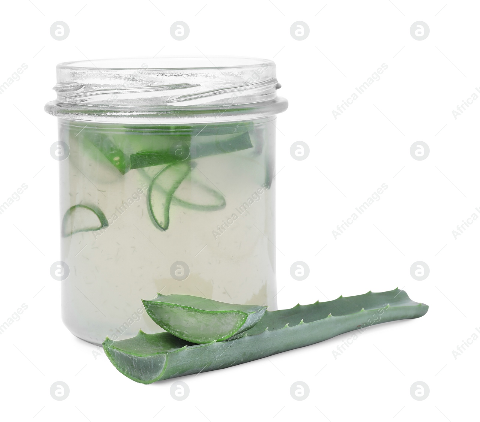 Photo of Fresh aloe juice in jar and leaves isolated on white