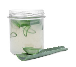 Photo of Fresh aloe juice in jar and leaves isolated on white