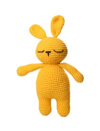Photo of One crochet rabbit isolated on white. Children's toy
