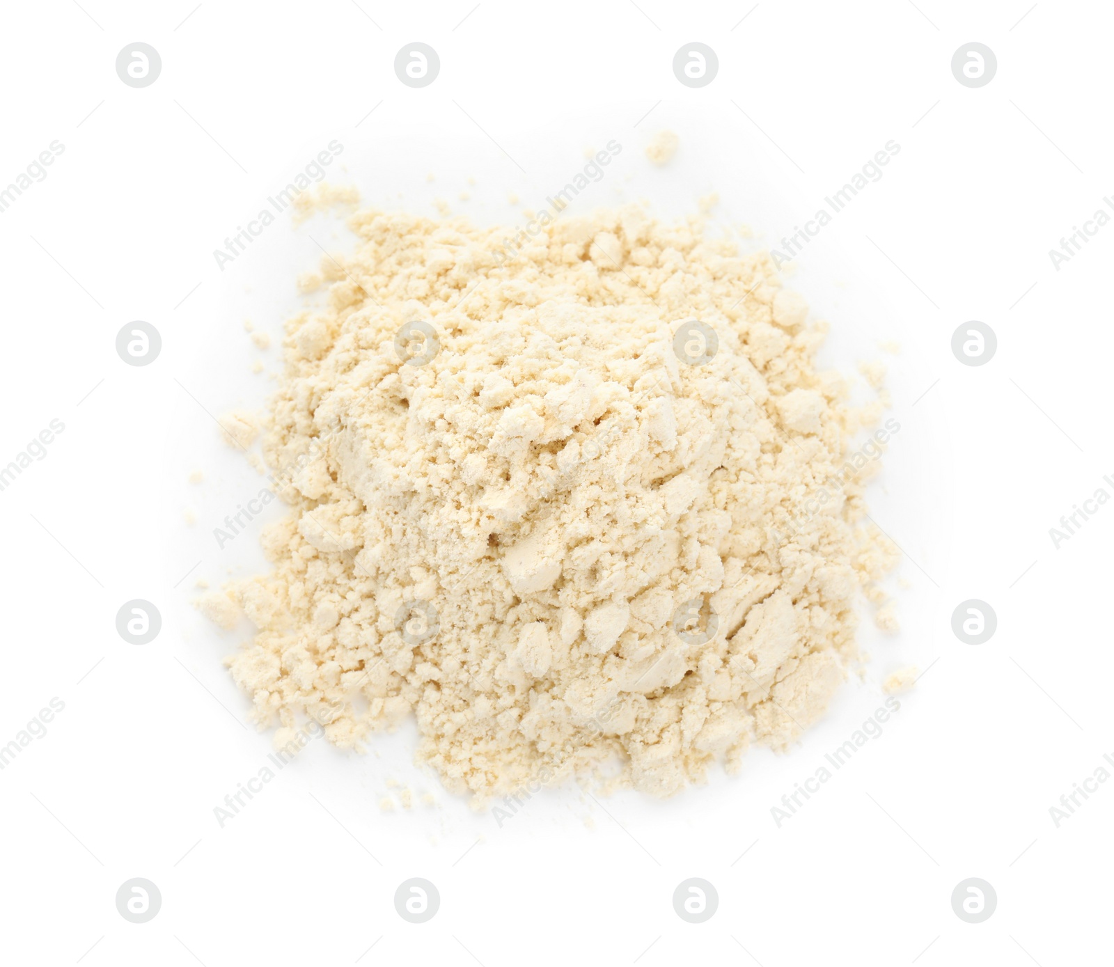 Photo of Pile of chickpea flour isolated on white, top view