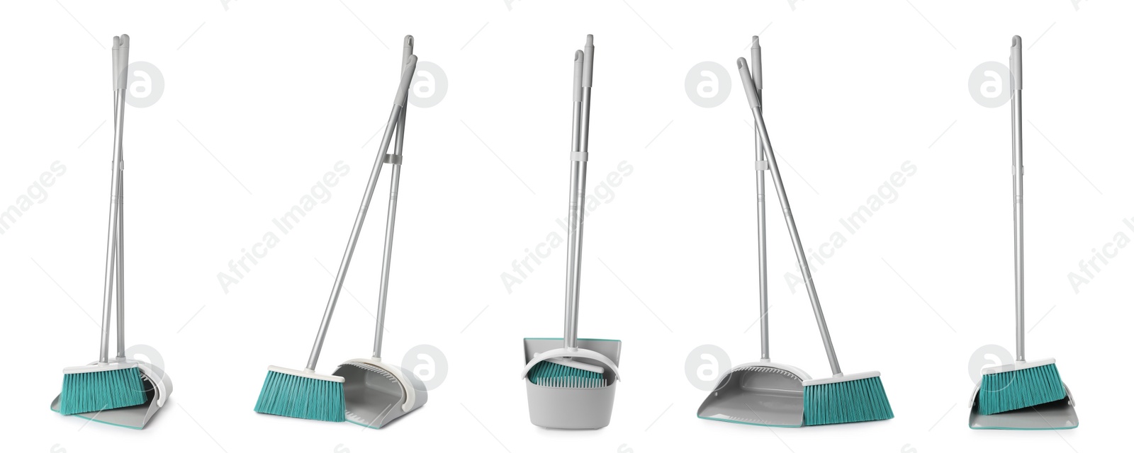 Image of Set with plastic brooms and dustpans on white background. Banner design