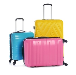 Photo of Modern suitcases for travelling on white background