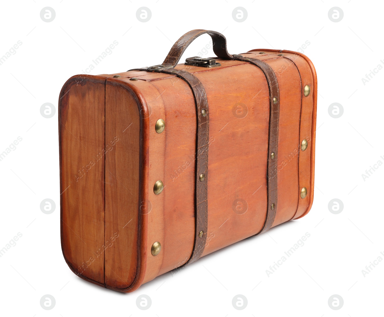 Photo of Beautiful brown stylish suitcase on white background