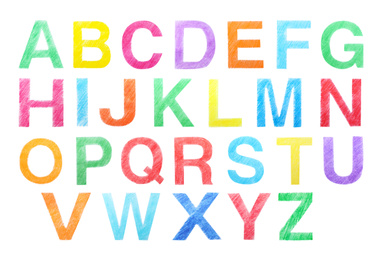 Image of Set of letters written with color pencils on white background, top view