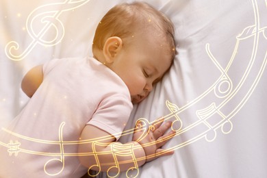 Image of Lullaby songs. Cute little baby sleeping on bed. Illustration of flying music notes around child