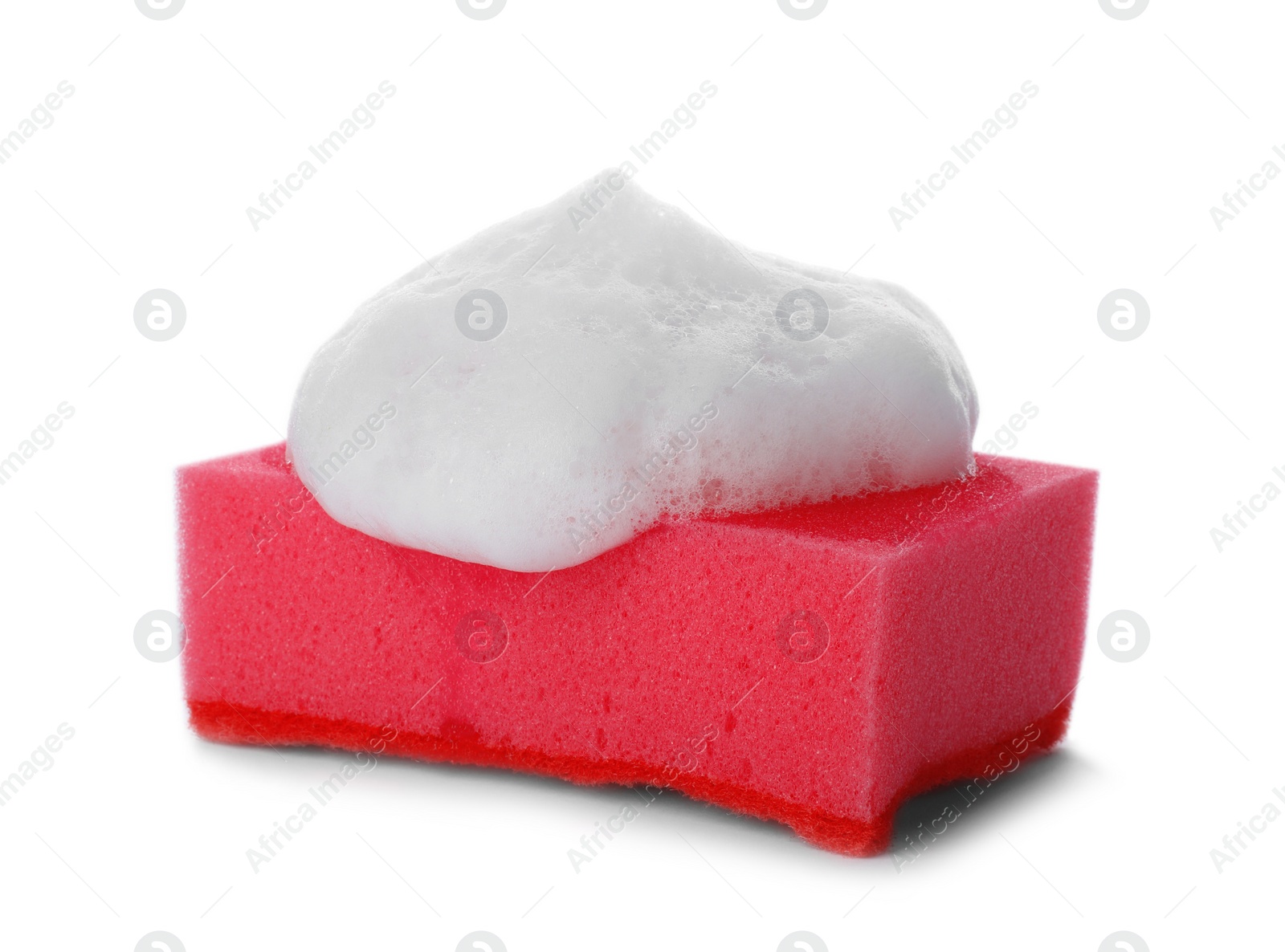 Photo of Cleaning sponge with foam for dish washing on white background