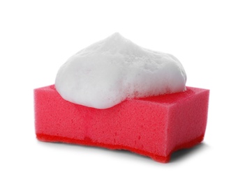 Photo of Cleaning sponge with foam for dish washing on white background