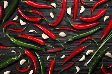 Different chili peppers and garlic on black wooden table, flat lay
