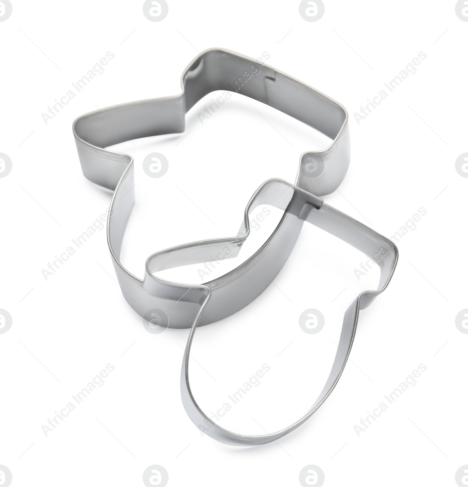 Photo of Mitten shaped cookie cutters on white background