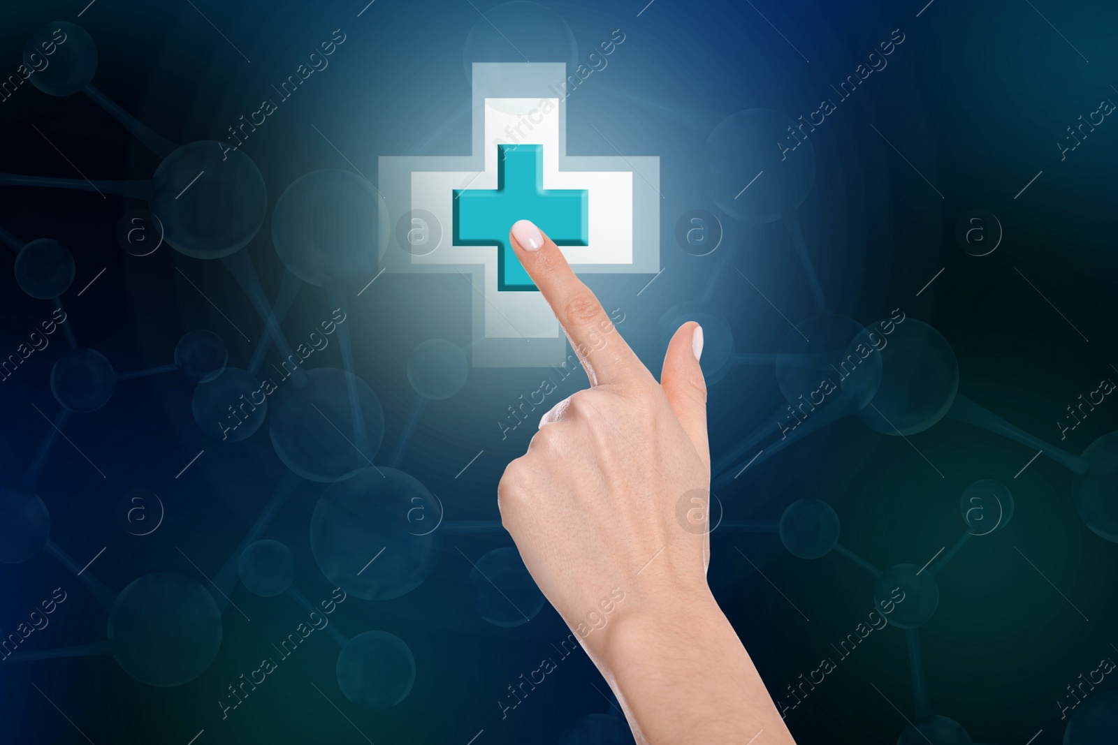 Image of Woman pressing virtual first aid button on dark background, closeup. Emergency help