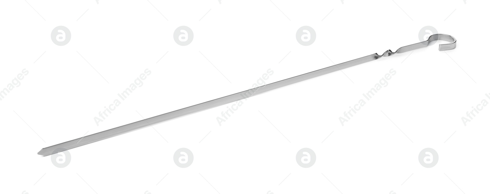 Photo of Metal skewer on white background. Barbecue utensil