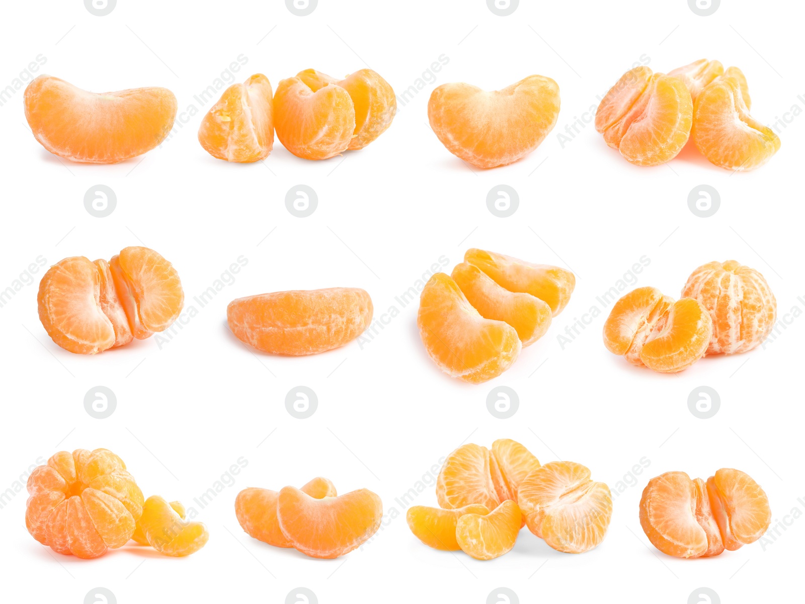 Image of Set of fresh ripe tangerines on white background