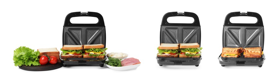 Set with grill makers, tasty sandwiches and different products on white background. Banner design