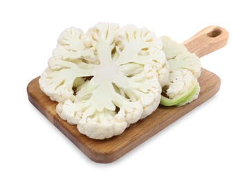 Photo of Wooden board with cut fresh cauliflower on white background